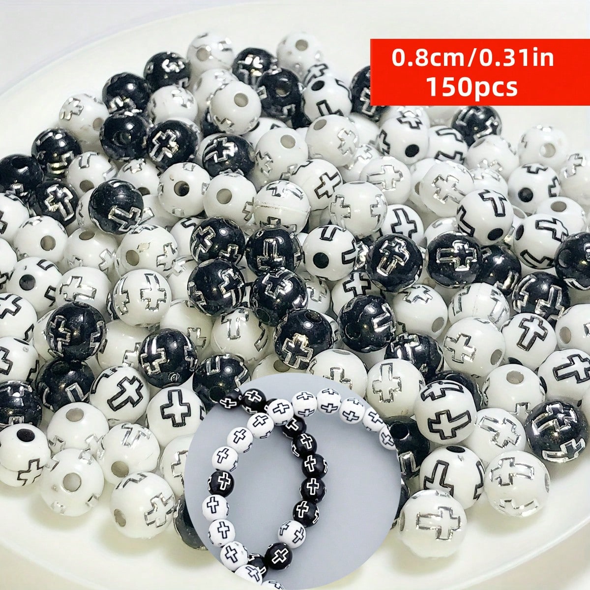 Jewelry Making Business - 8 mm, 150 Stück, schwarz-weiße Kreuzperlen