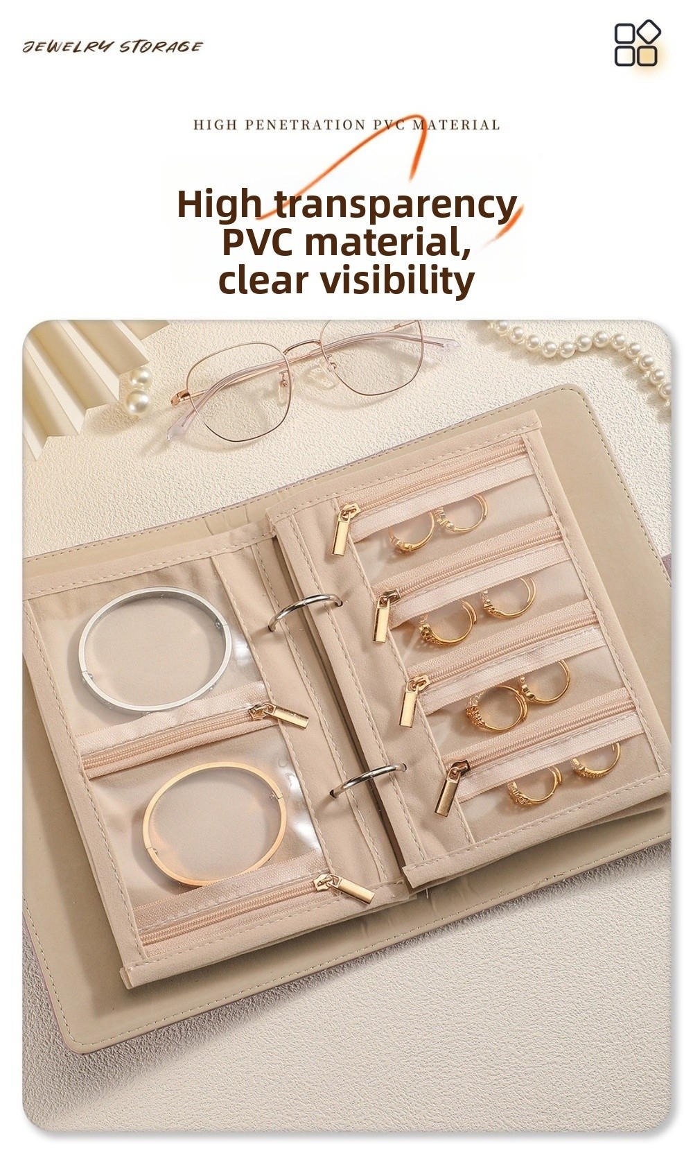 Jewelry Making Journal - Transparentes Schmuck-Aufbewahrungsbuch aus Samt mit Reißverschluss,