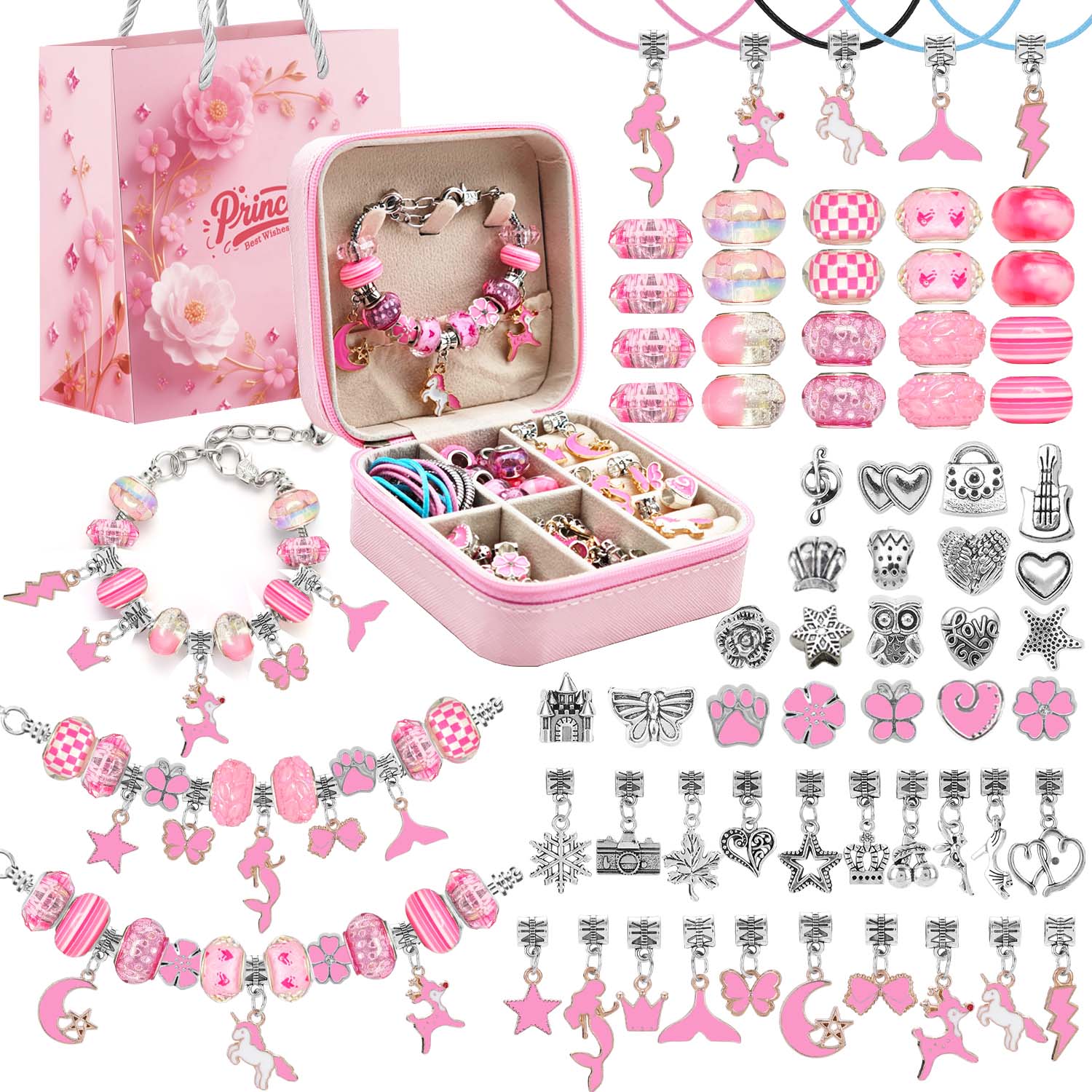 Jewelry Making Set - 68-teiliges rosa Perlen-Schmuckset, Charm-Armband-Bastelset mit rosa